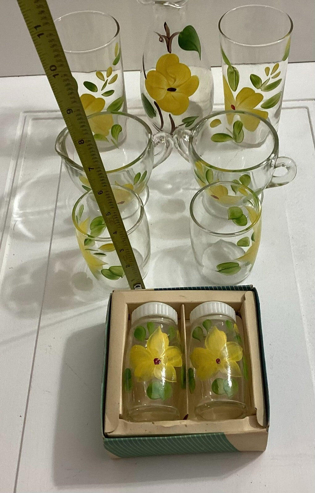 Vtg Floral Hand Painted 70’s Juice Glasses, TeaCup, Carafe, Salt/Pepper Shaker