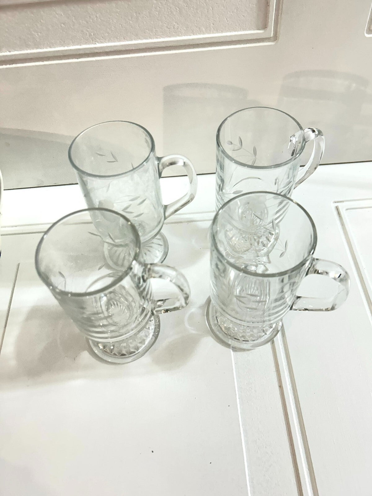 Set Of 4 Clear Floral Etching Footed Irish Coffee Glass Mugs With Handle