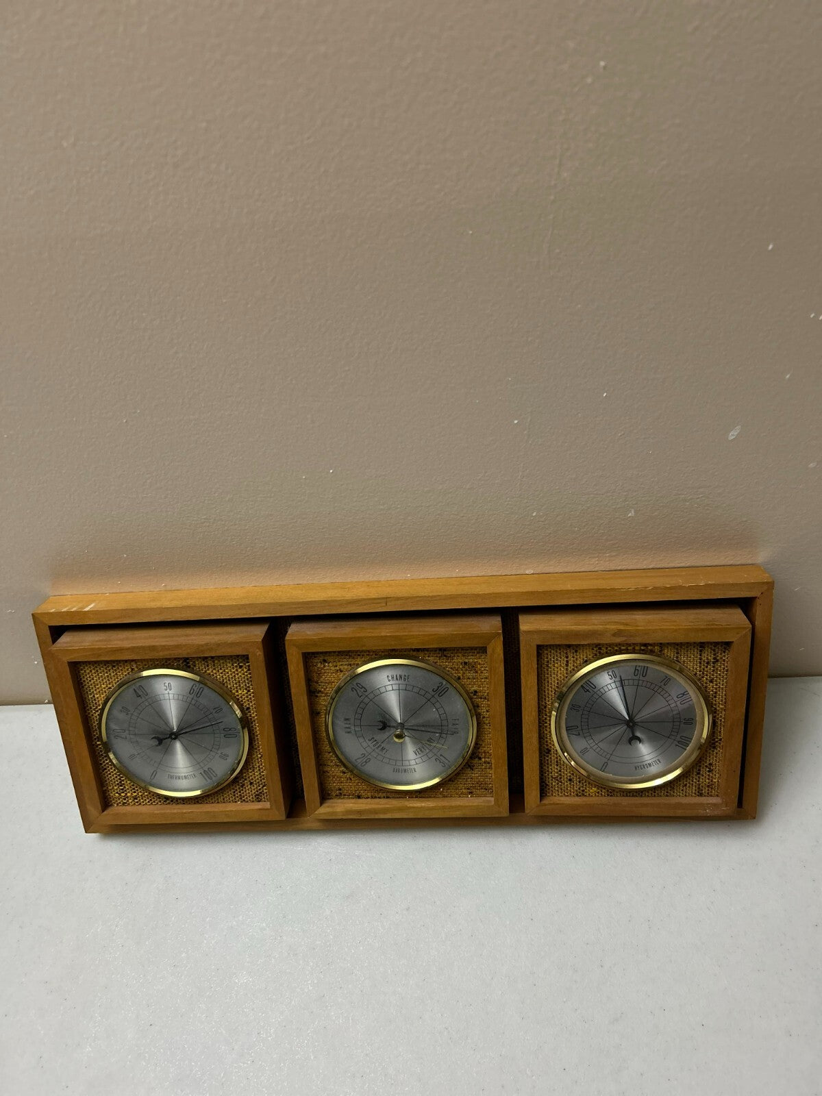 Vintage 3 In 1 In Wooden Brown Case Barometer, Thermometer And Hygrometer