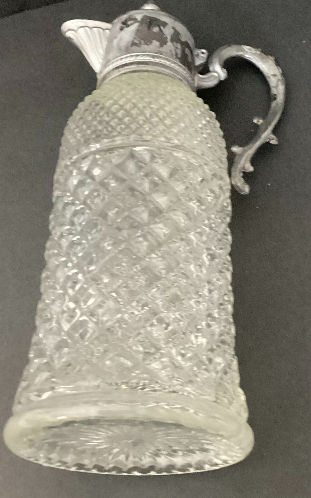Pressed Glass Crystal Pitcher Decanter Silver Plate Top