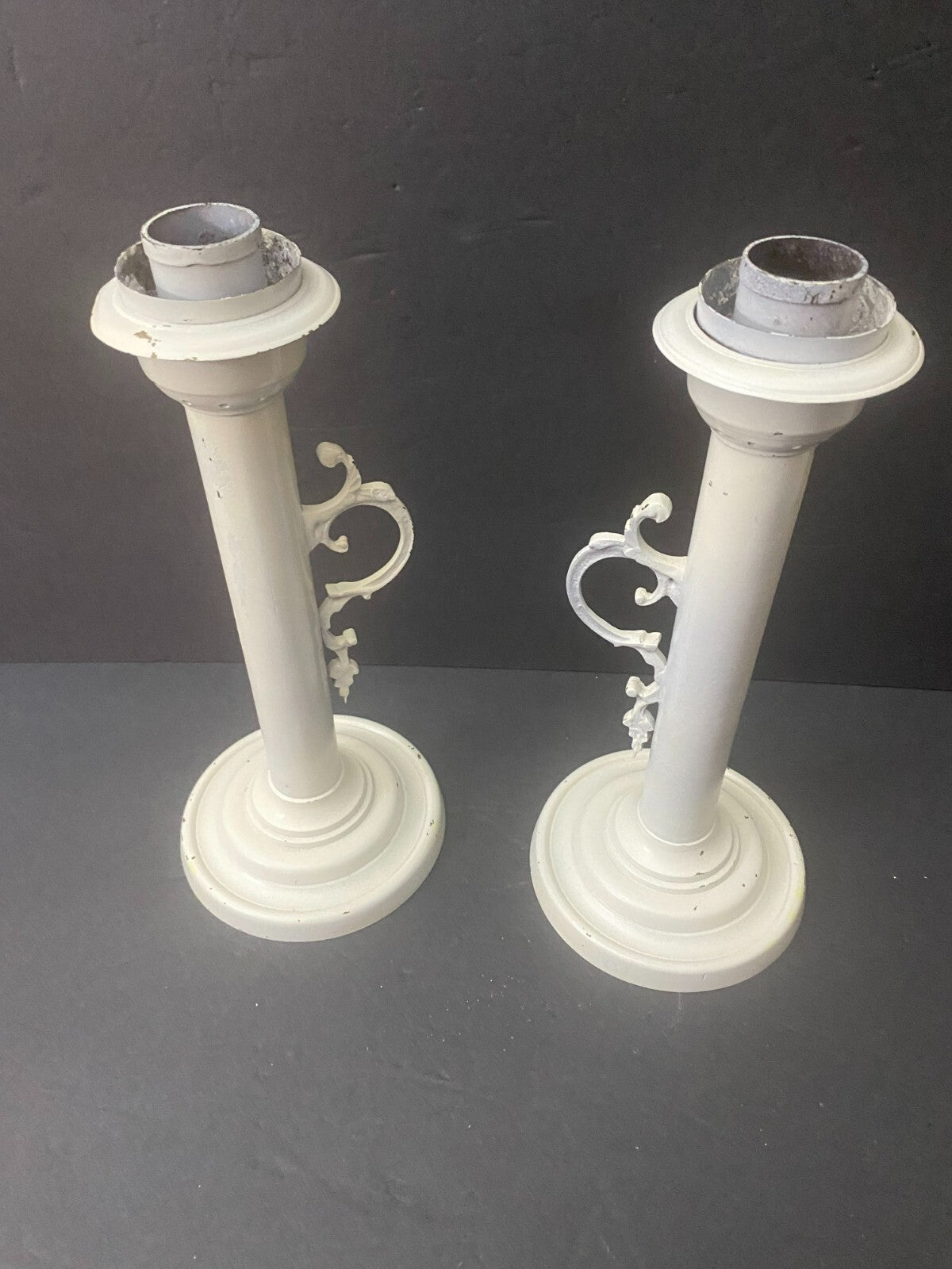 Set Of 2 White Painted Brass Decorative Display Candlesticks Holder 11x5 Inches
