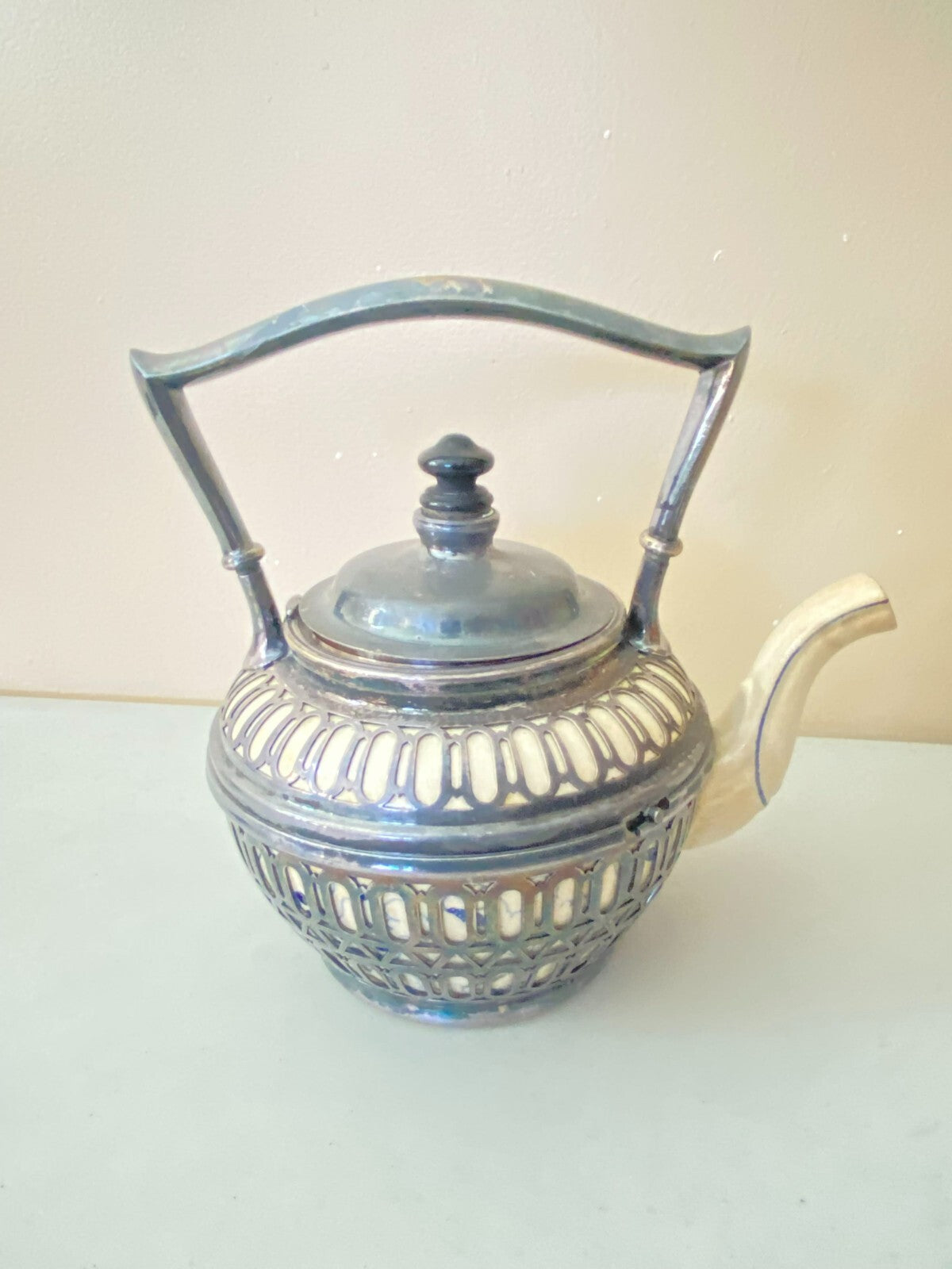 Antique Reticulated Ceramic Covered With Metal Teapot With Built In Strainer