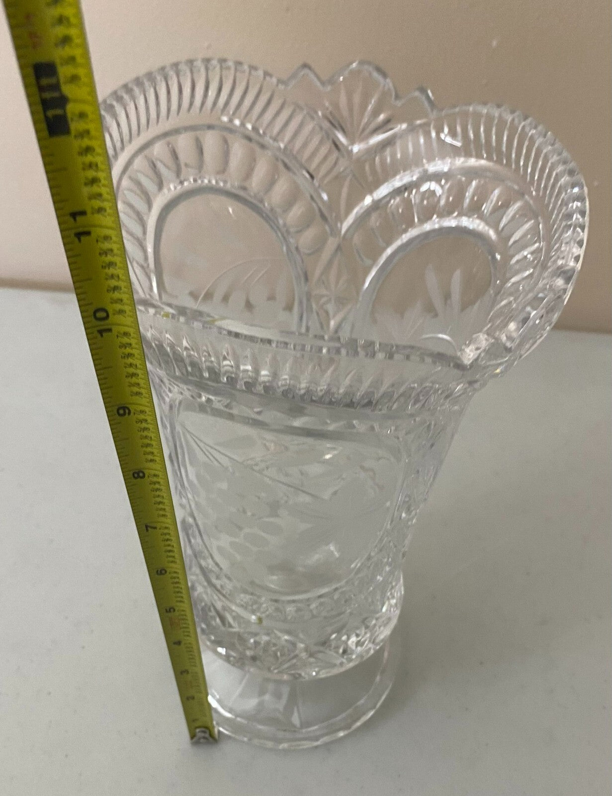 Vintage 10” Crystal Embossed Flower Footed Vase