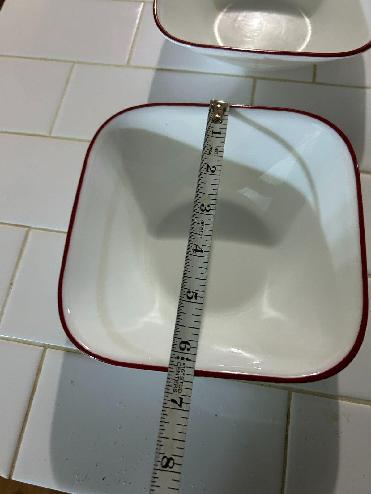 Lot Of 4 Corelle Splendor White With Red Rim Square Cereal/Soup Bowls