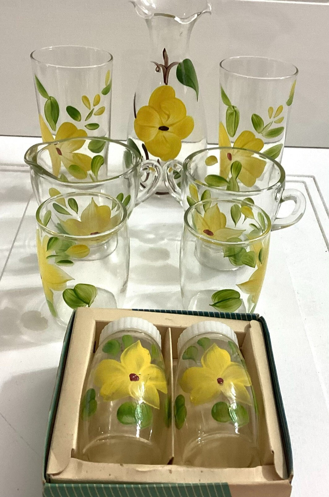 Vtg Floral Hand Painted 70’s Juice Glasses, TeaCup, Carafe, Salt/Pepper Shaker