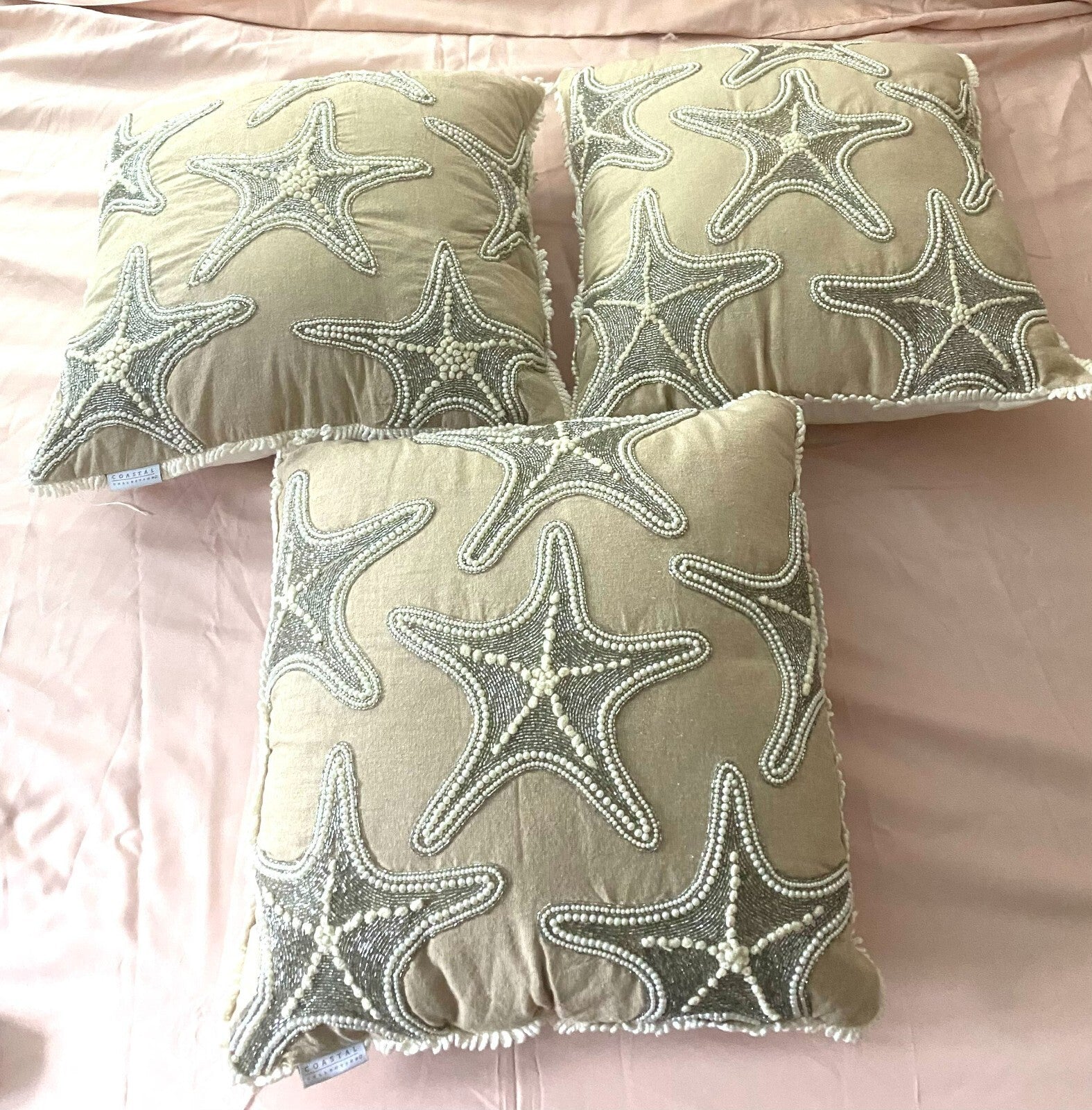 Set of 3 Coastal Collection Starfish Pearl Beaded Square Shape Pillows