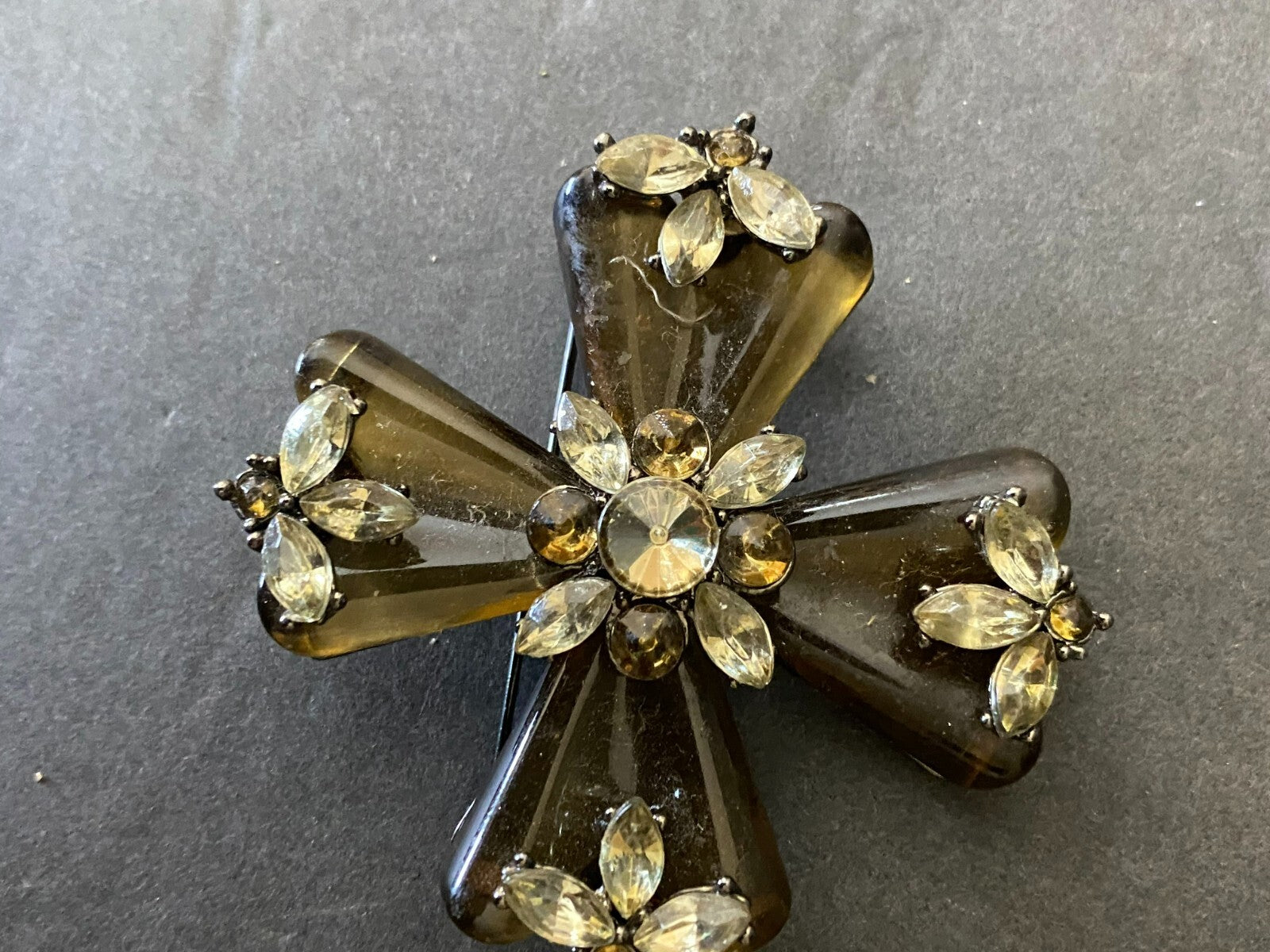 Vintage Accessocraft Smoked 2.5 Inches Cross Shaped With Rhinestones Brooch Pin