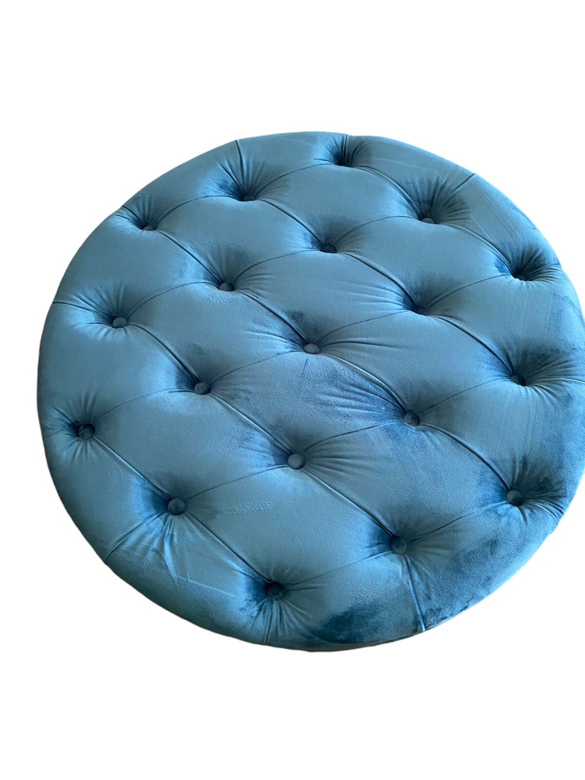 Blue Tufted Round Ottoman/Storage. no Wheels