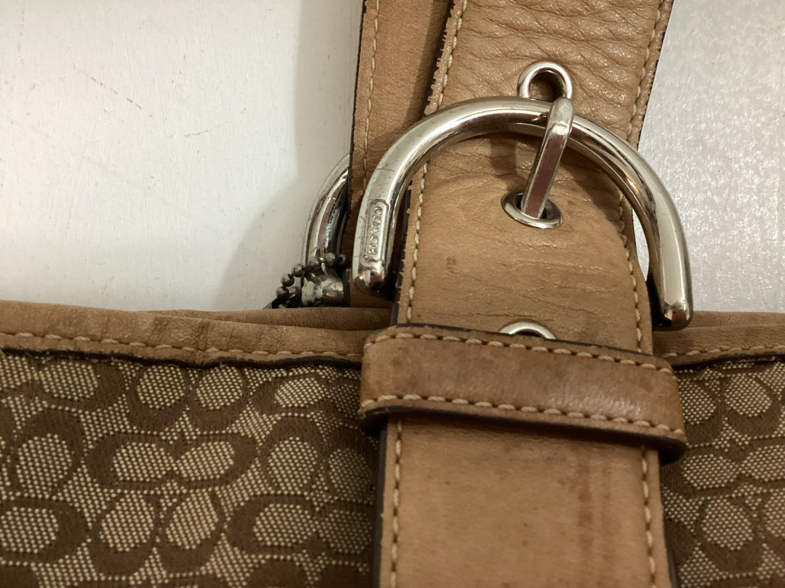 Coach Women's Signature Logo Brown Leather Canvass Double Handle Tote Bag