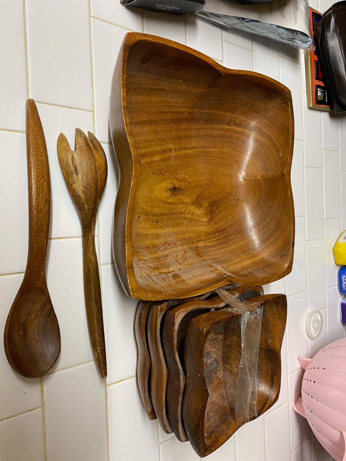 7 PCs Mid Century Wooden Salad Bowl Set & Ustensiles