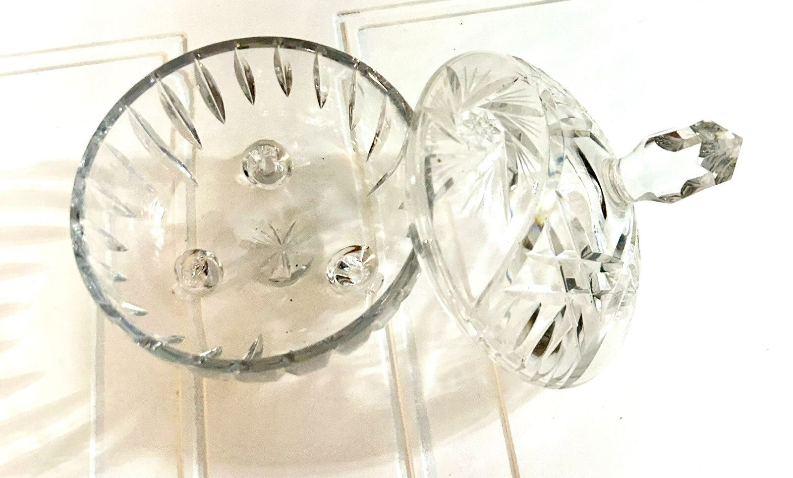 Vintage Clear Glass Footed Bon Bon/Candy Dish With Lid Starburst Design
