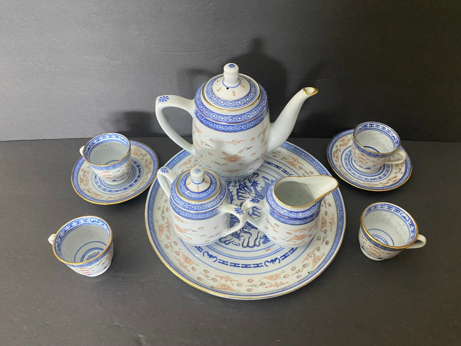 Vintage Blue/White/gold Asian Rice Glass 12 Pieces Tea Set