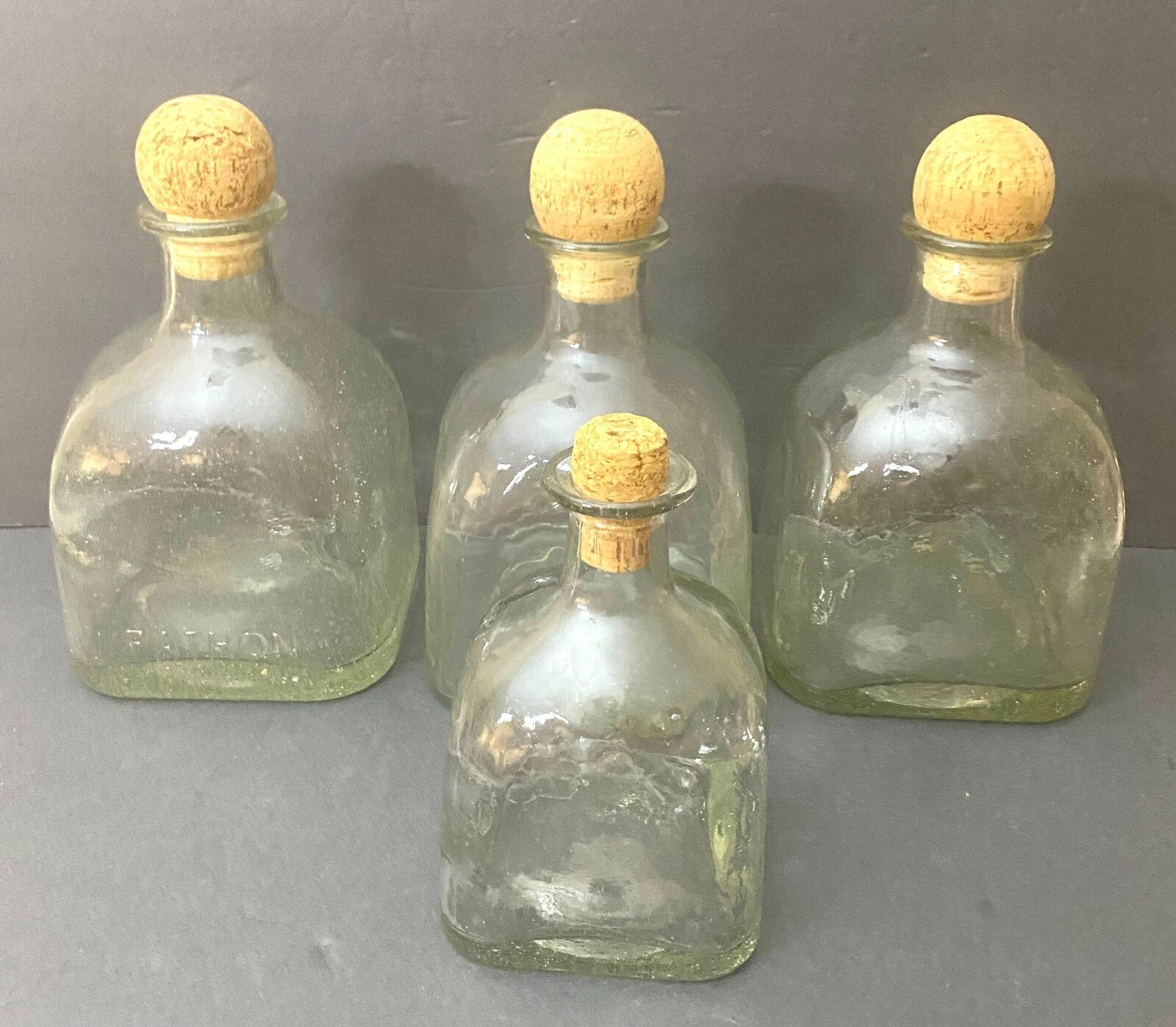Lot Of 4 Clear Glass Patron Display Tequila Decanters With Cork Lid