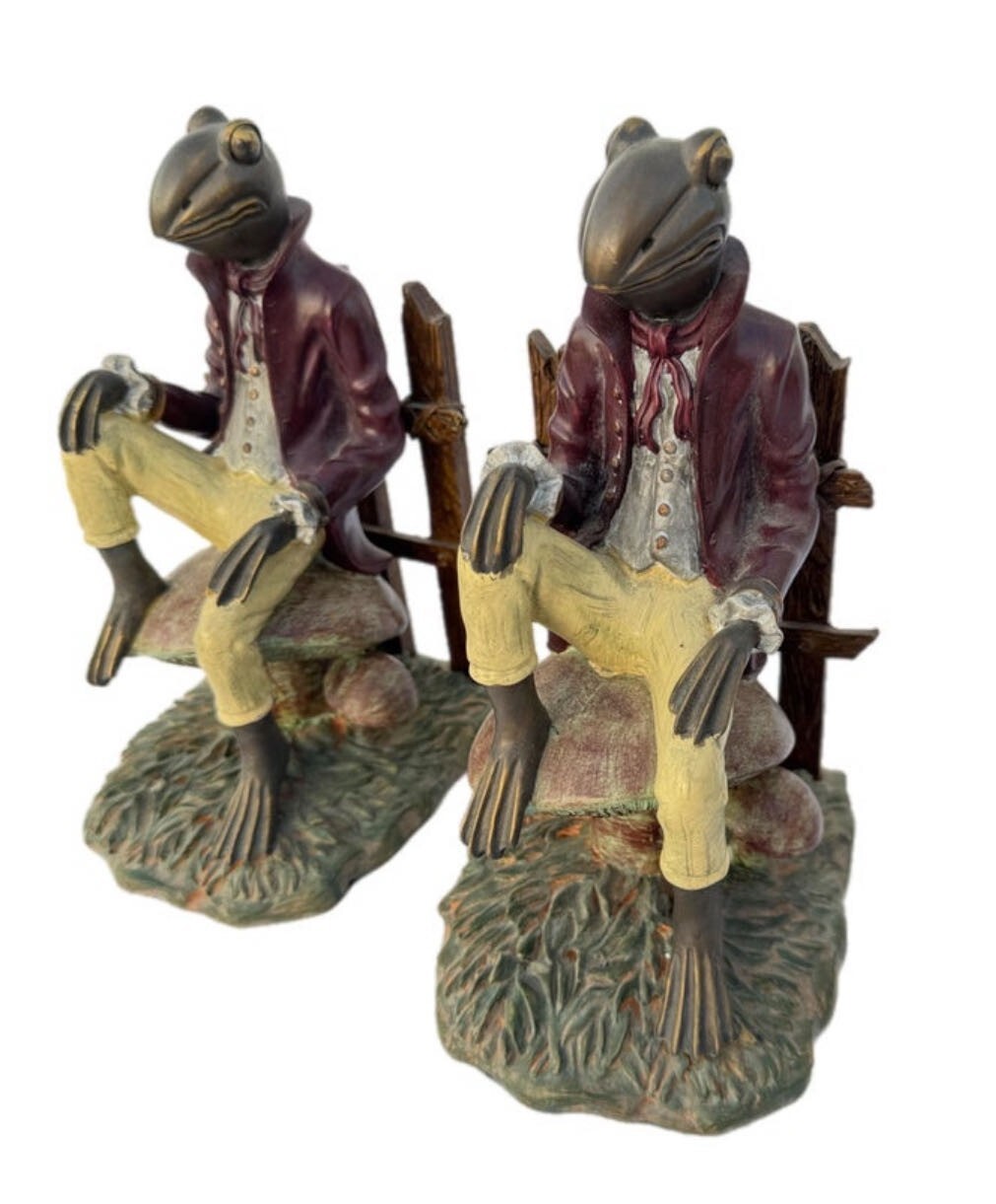 Vintage Set Of 2 Gentlemanly Frog Sitting On Mushroom Bookends