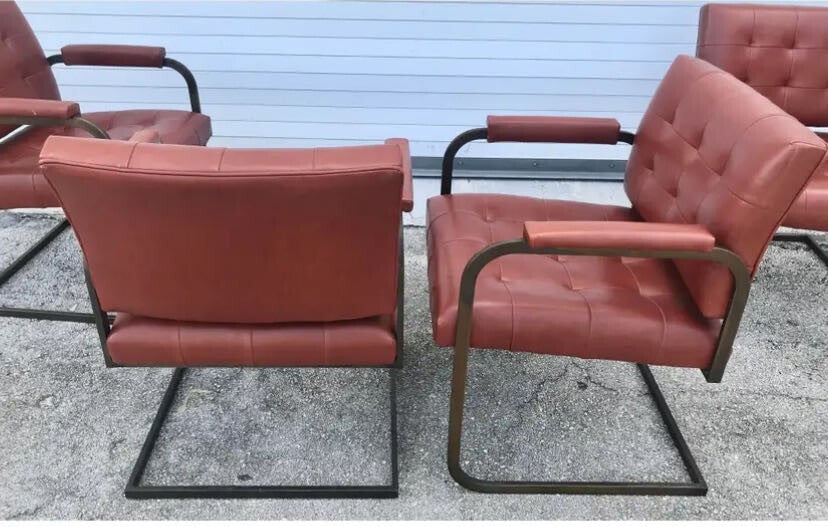Lot Of 4 Vintage Red Patrician Furniture Chrome/leather Chairs With Arm Rest