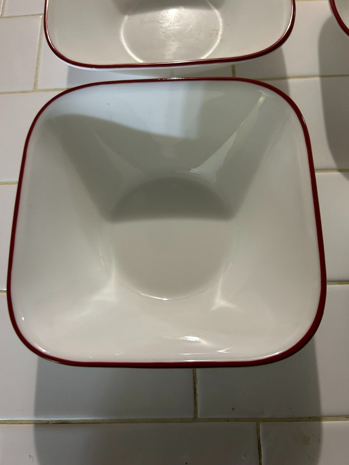 Lot Of 4 Corelle Splendor White With Red Rim Square Cereal/Soup Bowls