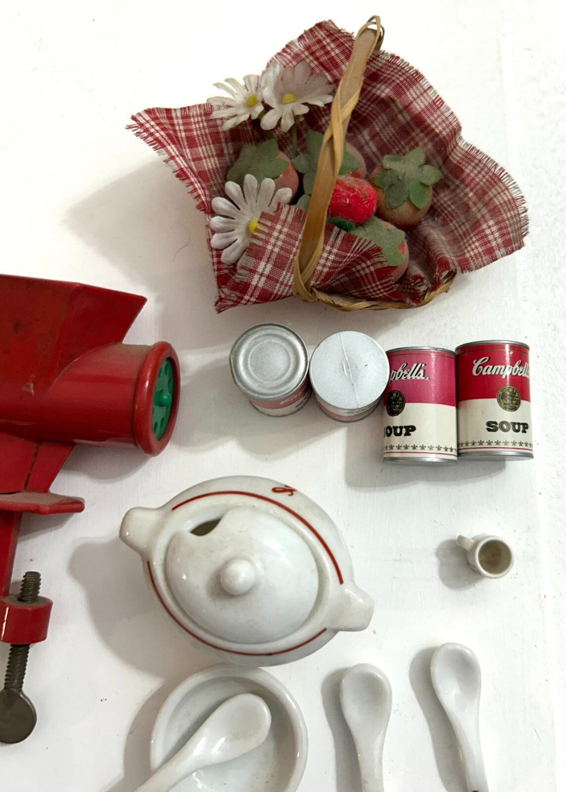 Vintage Campbell Collectibles (Cans, Soup Spoons & Bowl, Grinder, Tea Pot & Cup)
