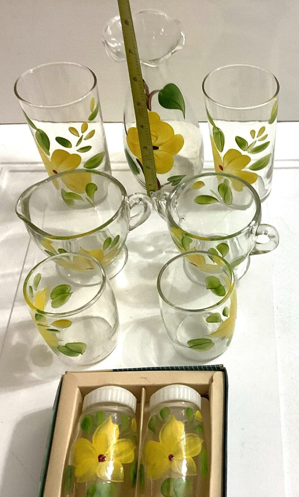 Vtg Floral Hand Painted 70’s Juice Glasses, TeaCup, Carafe, Salt/Pepper Shaker