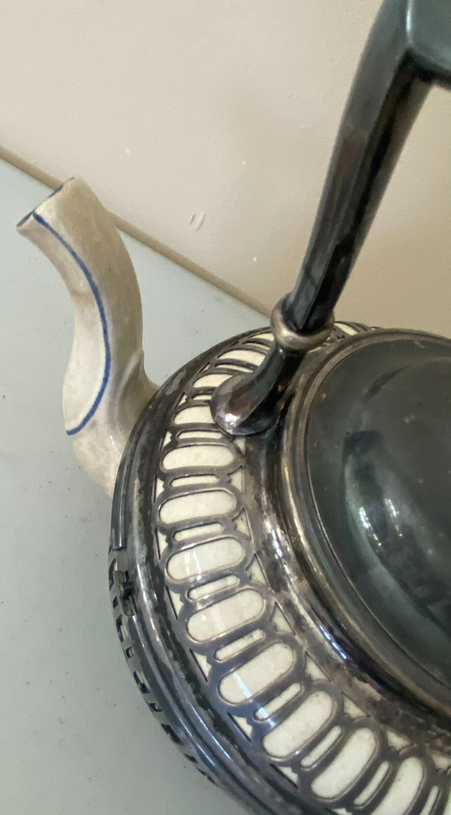 Antique Reticulated Ceramic Covered With Metal Teapot With Built In Strainer