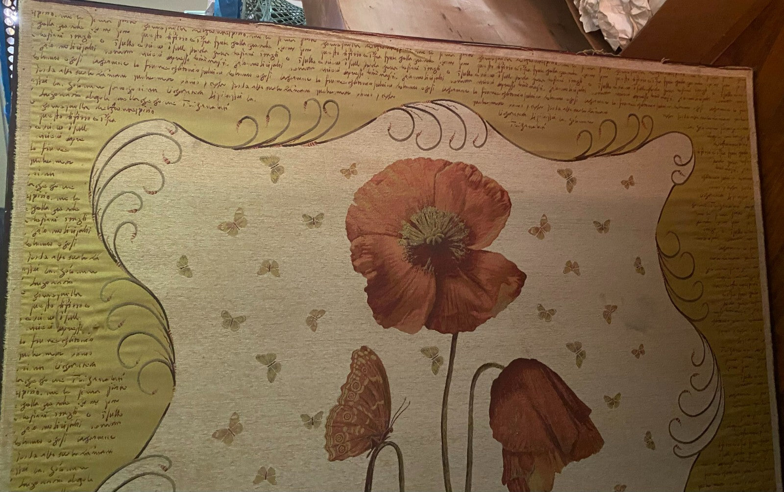 Large Rectangular Poppies Floral Design Wall Hanging Display On Fabric Hand Made