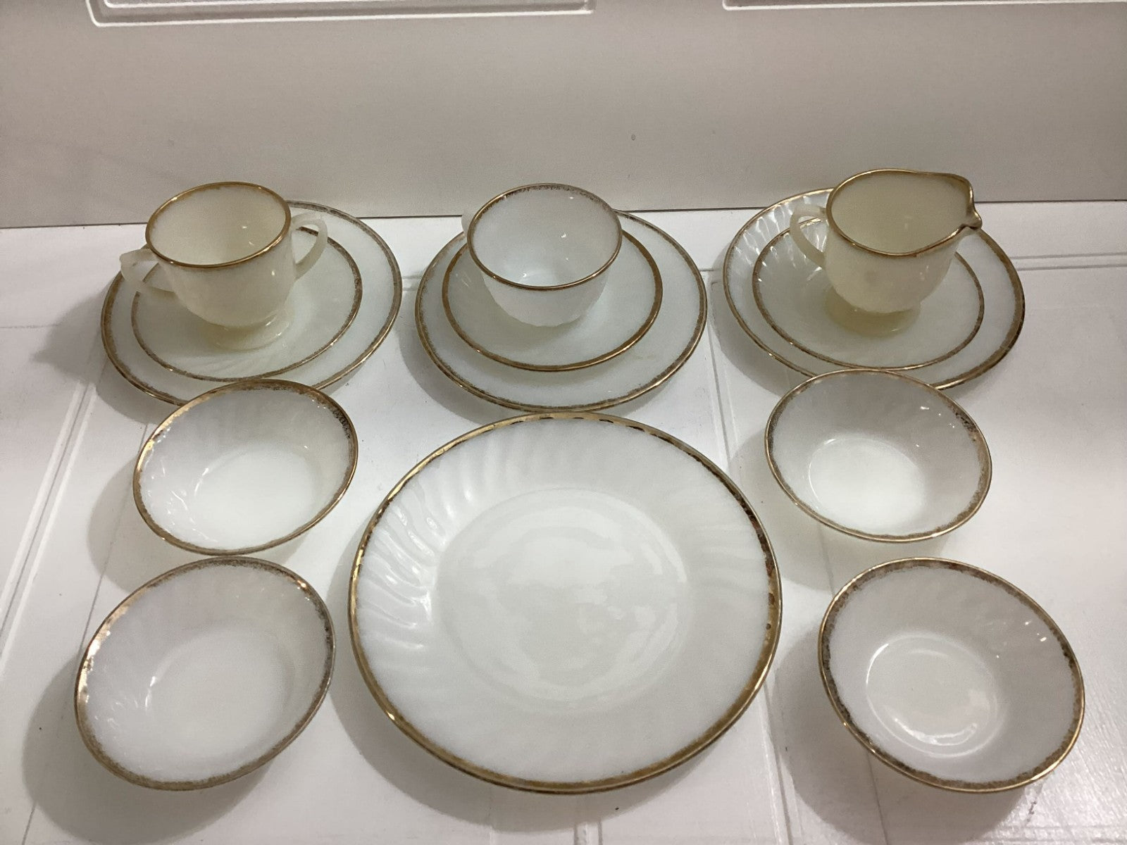 14 Pcs Vintage Fire King White swirl Milk Glass Oven Ware With Gold Rim