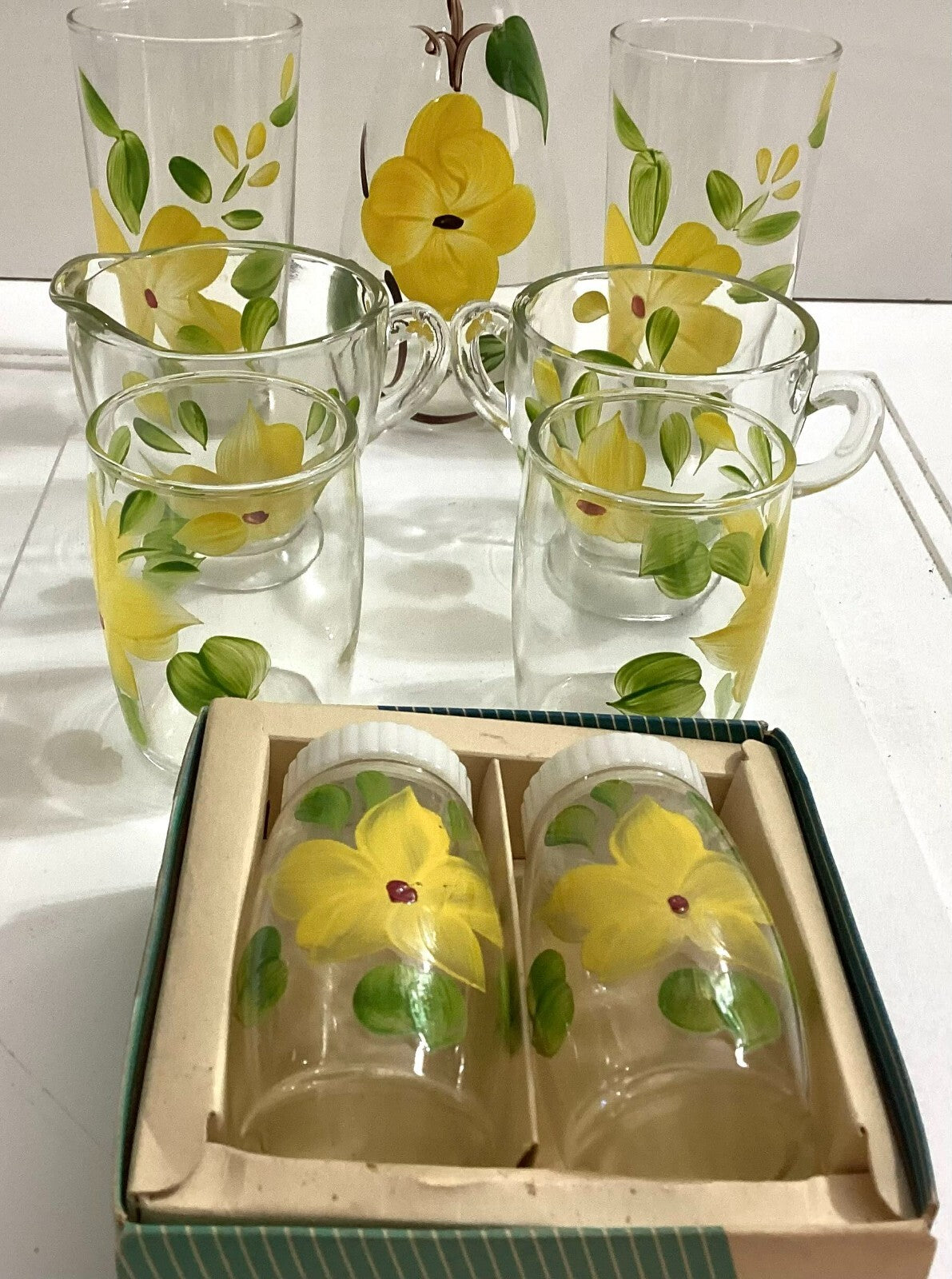 Vtg Floral Hand Painted 70’s Juice Glasses, TeaCup, Carafe, Salt/Pepper Shaker