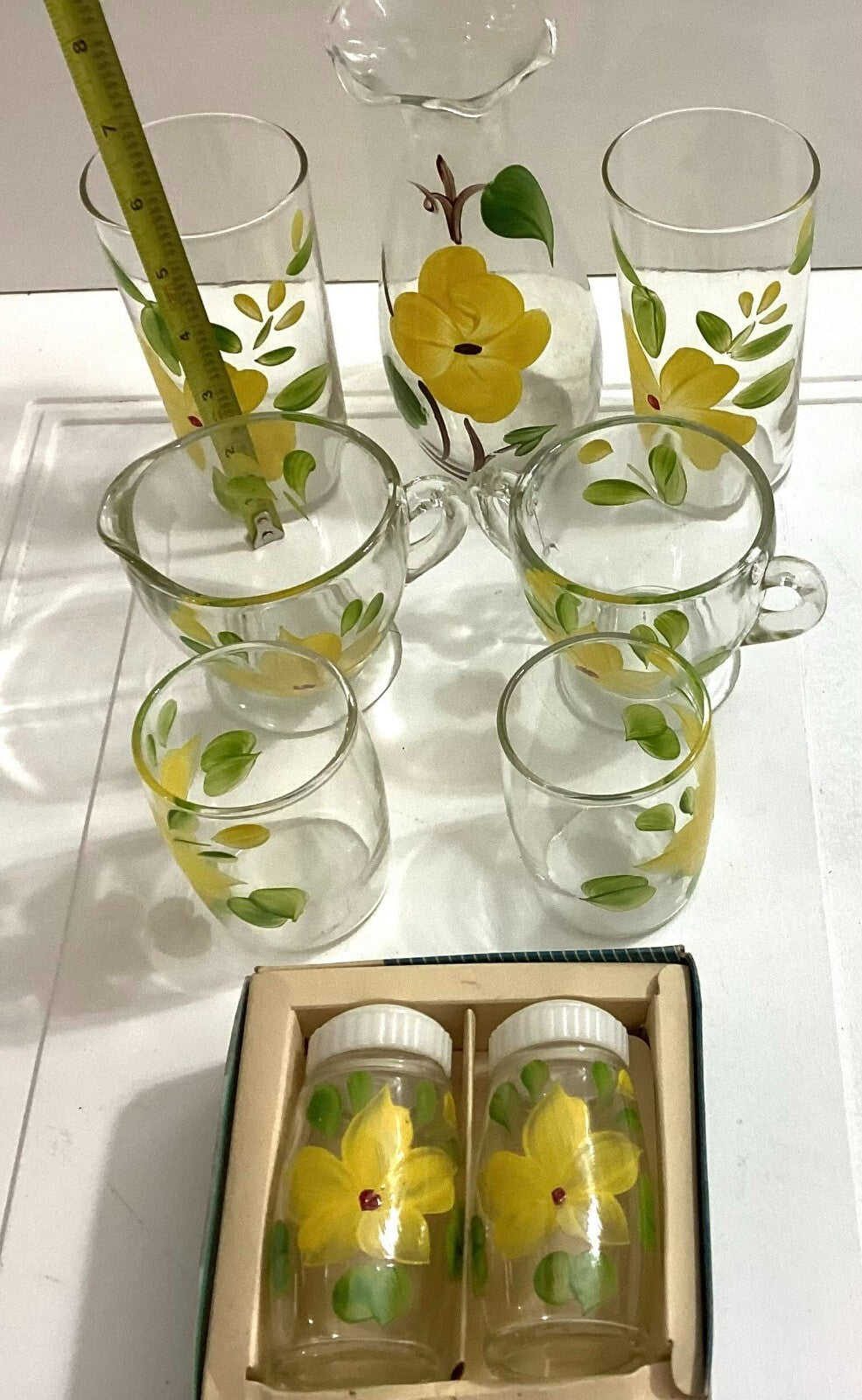 Vtg Floral Hand Painted 70’s Juice Glasses, TeaCup, Carafe, Salt/Pepper Shaker