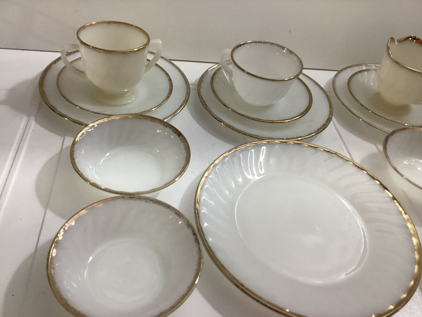 14 Pcs Vintage Fire King White swirl Milk Glass Oven Ware With Gold Rim