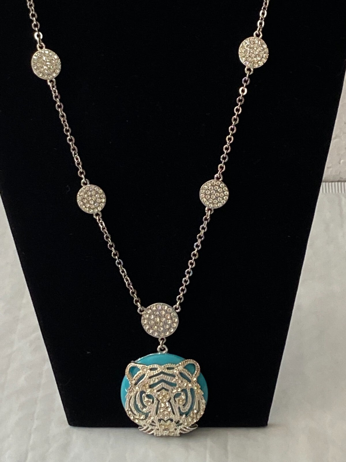 Silver Tone Womens Necklace With Rhinestone Tiger Pendant