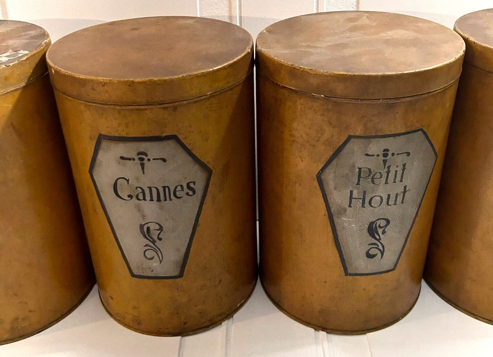 Antique French Set Of 6 Apothecary Brown Metal Canister Containers