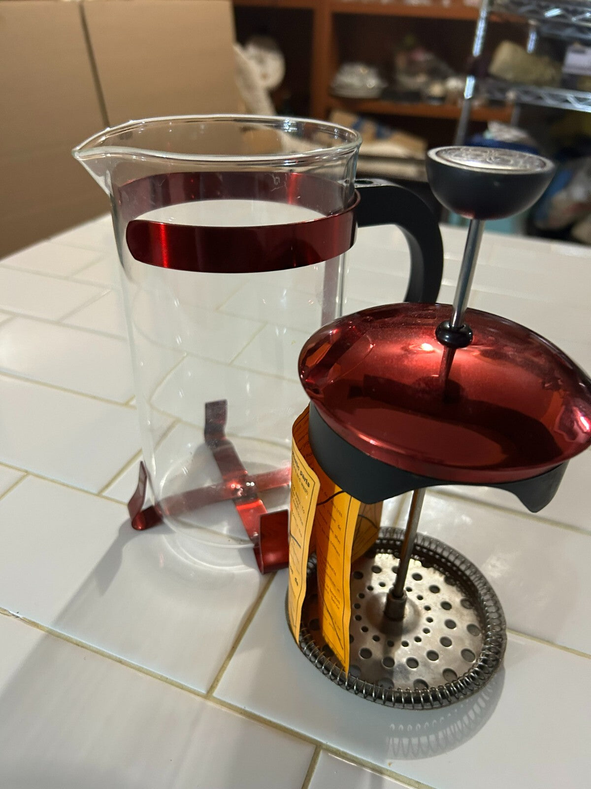 French Coffee Press / Tea Maker - Red Metallic With Black Handle