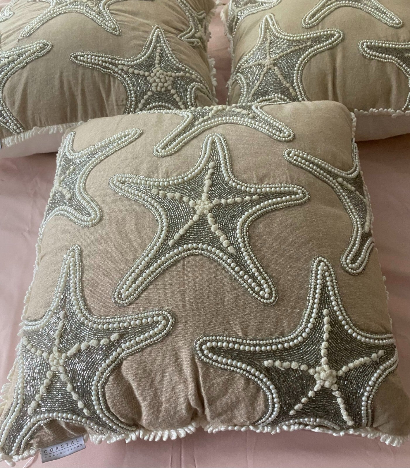 Set of 3 Coastal Collection Starfish Pearl Beaded Square Shape Pillows