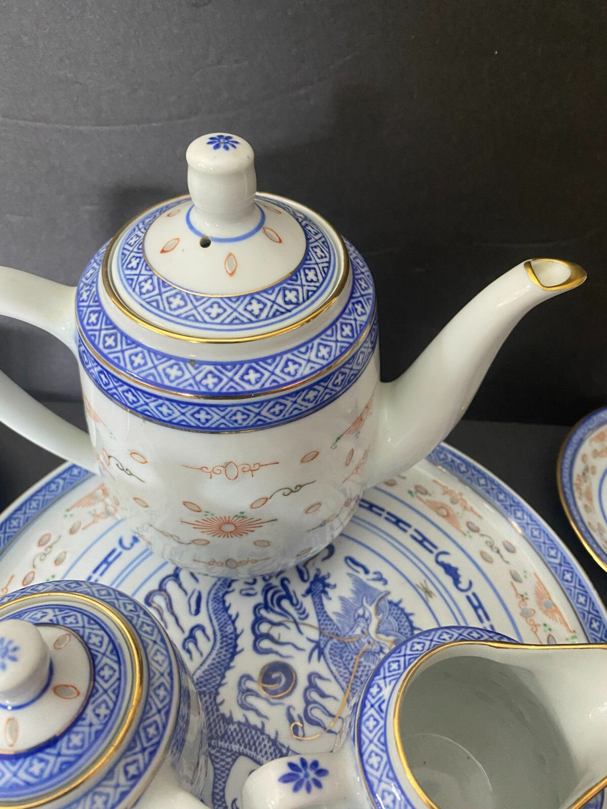 Vintage Blue/White/gold Asian Rice Glass 12 Pieces Tea Set