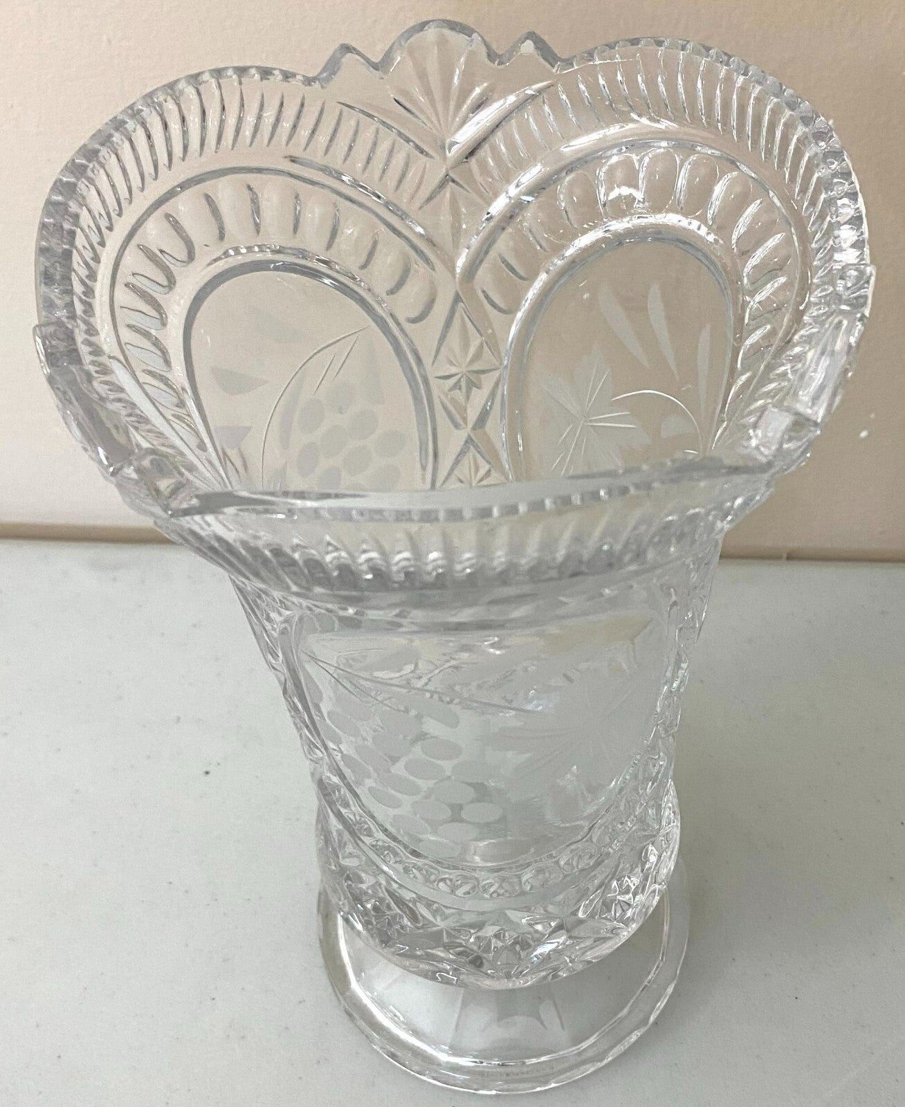 Vintage 10” Crystal Embossed Flower Footed Vase