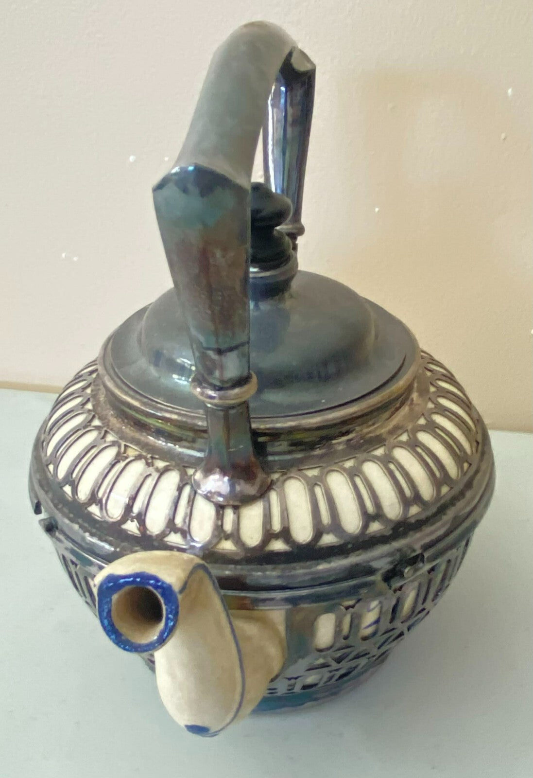 Antique Reticulated Ceramic Covered With Metal Teapot With Built In Strainer