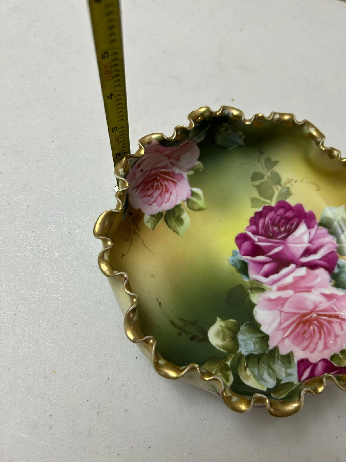 Antique Hand Painted Nippon Round Floral (Pink Roses) Ruffled Edge Dish