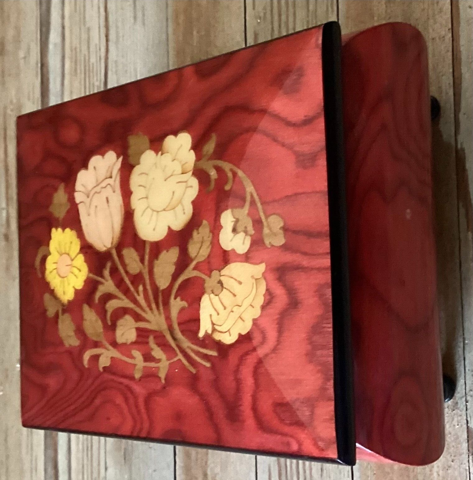 Set Of 2 Edel weiss Art Decor Inlaid Wood Floral Tray And Musical Jewelry box