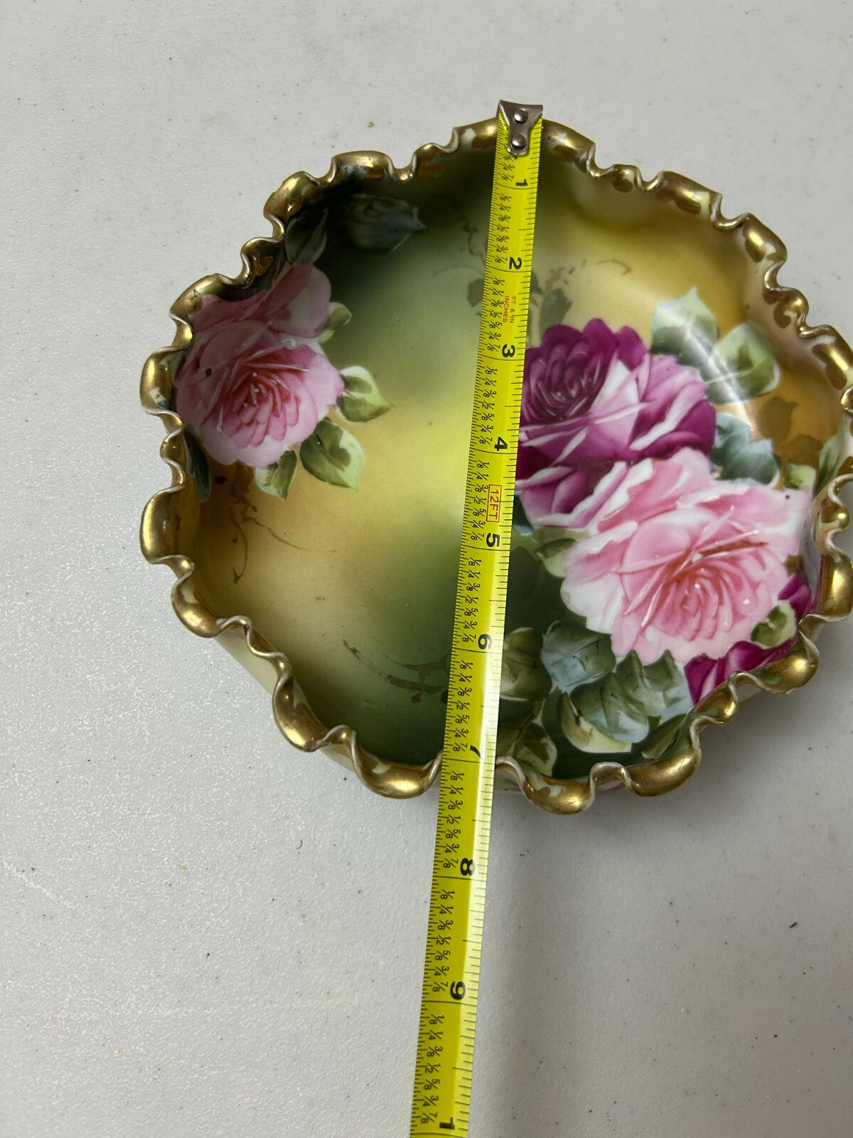 Antique Hand Painted Nippon Round Floral (Pink Roses) Ruffled Edge Dish
