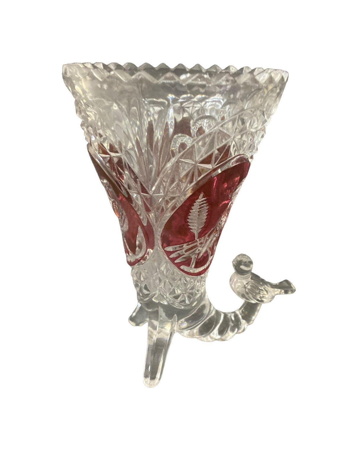 Hofbauer Byrdes Crystal Cornucopia Red Bird Design Vase