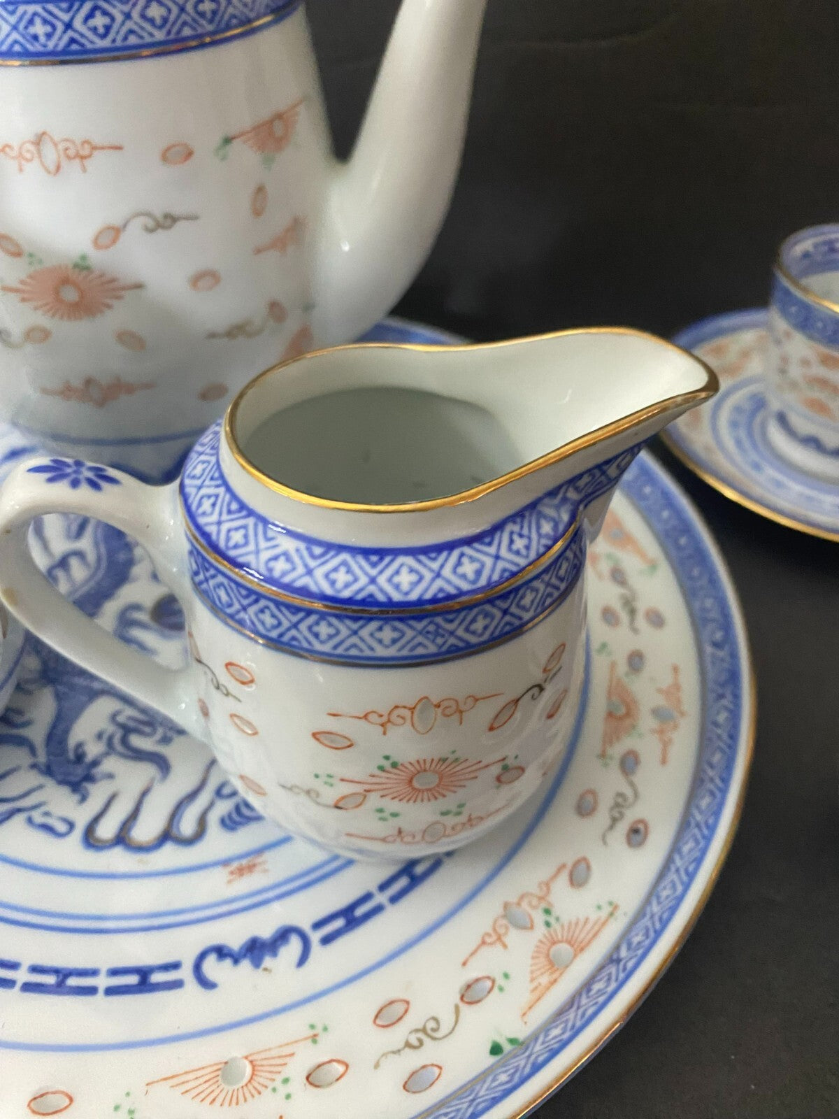 Vintage Blue/White/gold Asian Rice Glass 12 Pieces Tea Set