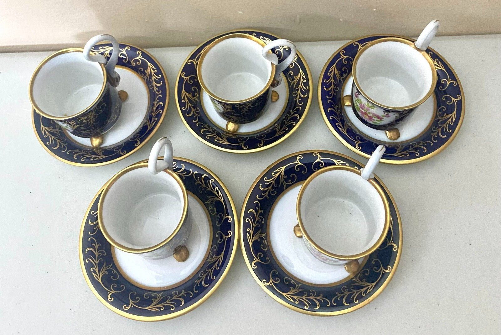 Vintage Pirken Hammer Hand Painted Blue Gold Set of 5 Cups And Saucer