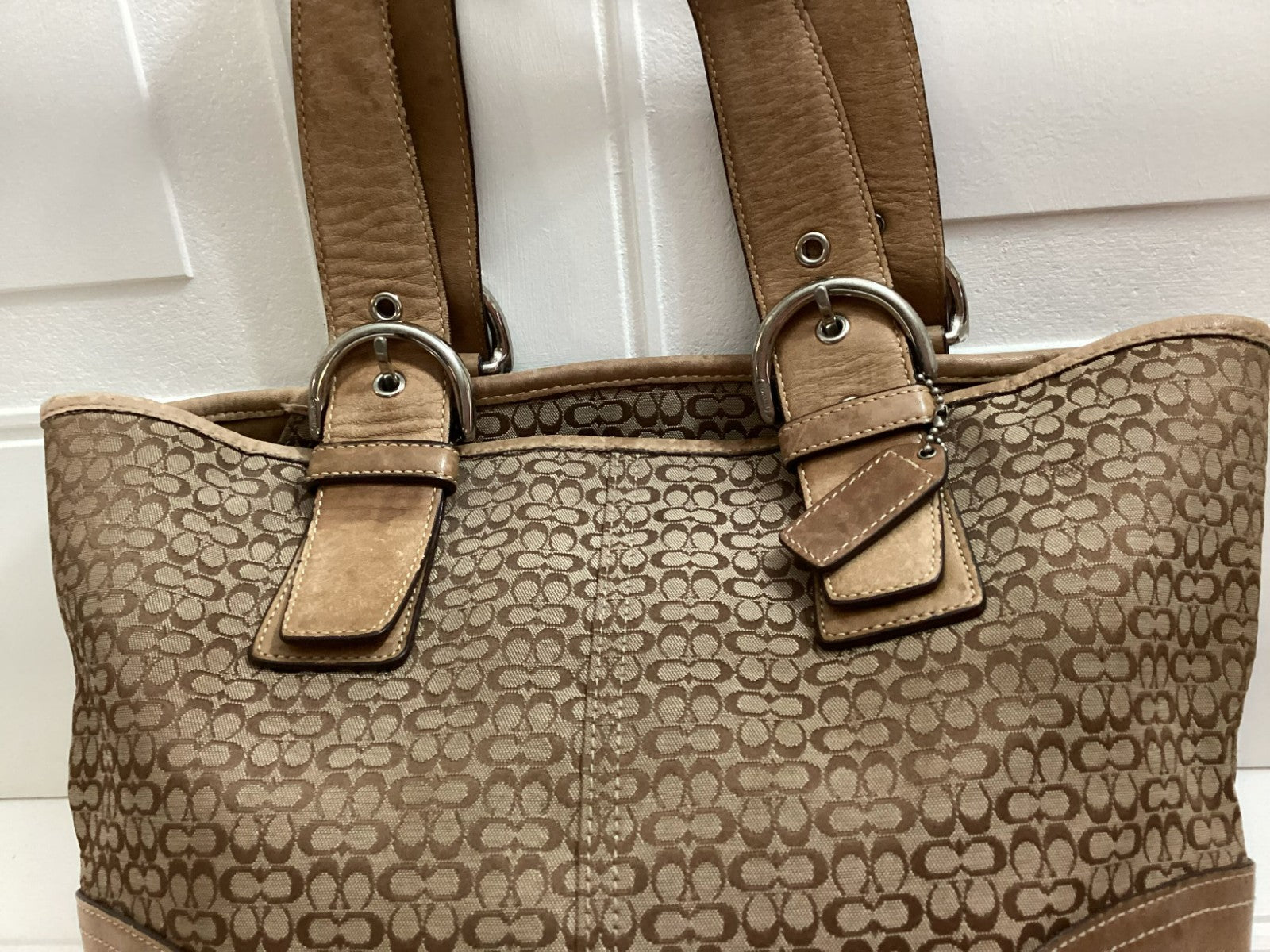 Coach Women's Signature Logo Brown Leather Canvass Double Handle Tote Bag