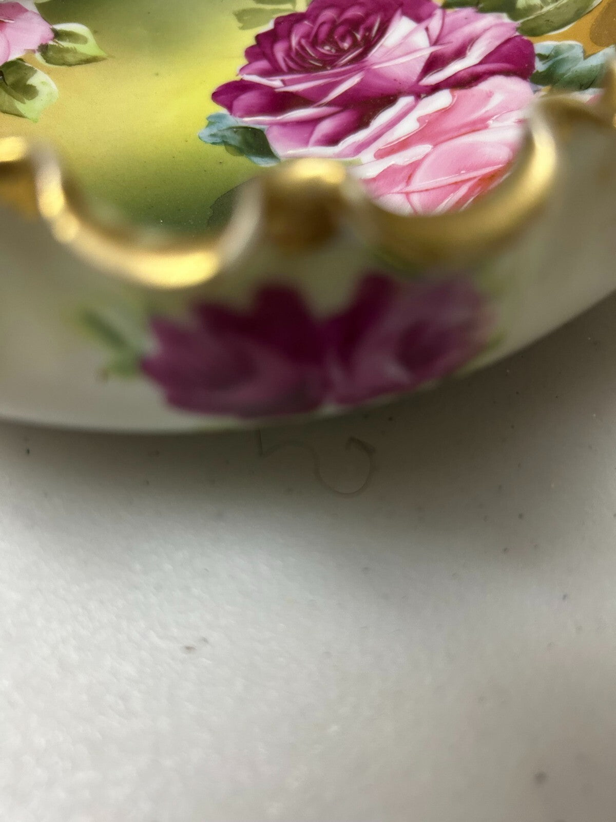 Antique Hand Painted Nippon Round Floral (Pink Roses) Ruffled Edge Dish