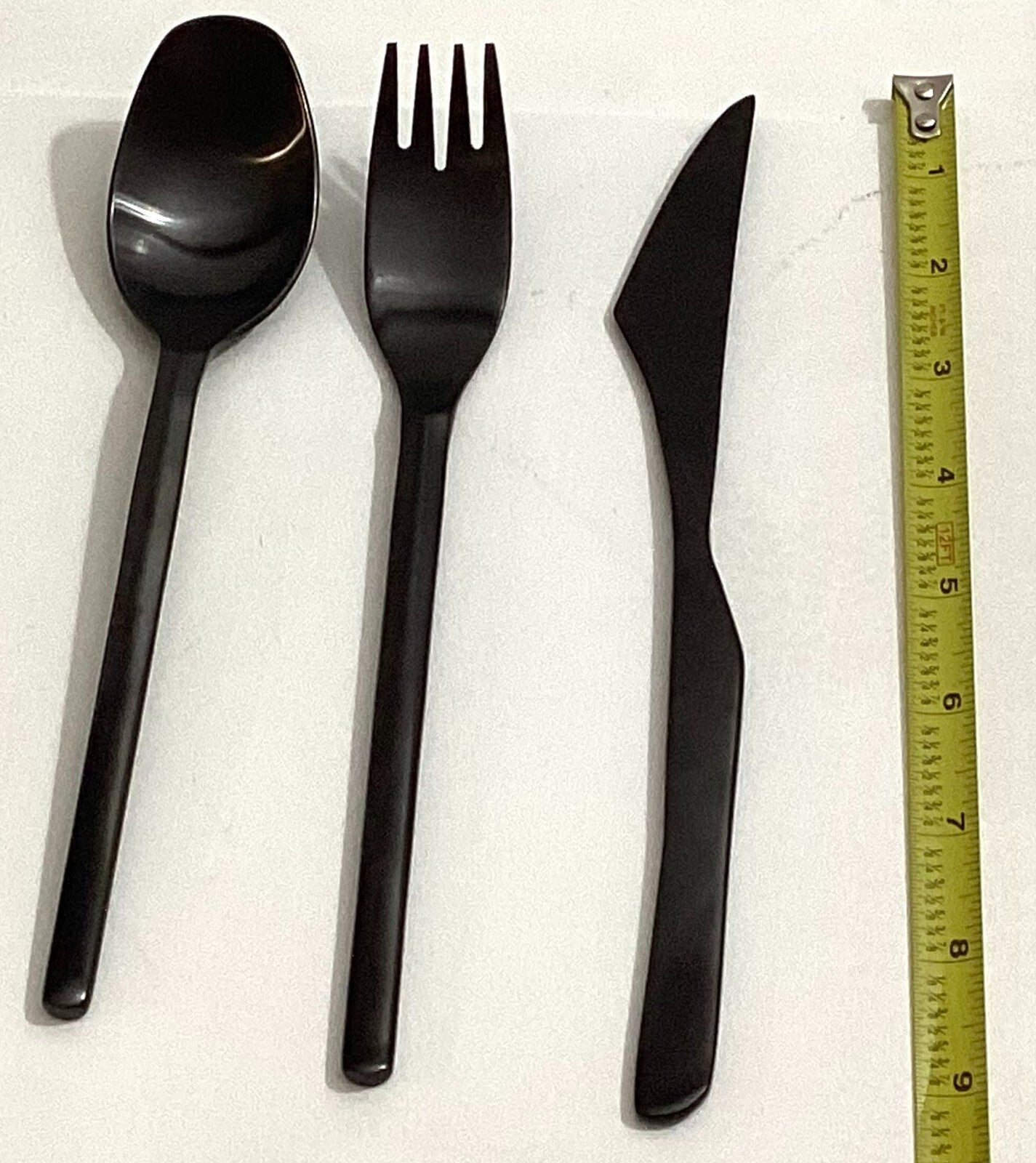 Set Of 9 Black Metal 9 1/4 Inch Cutleries (Knives, Spoons And Forks)