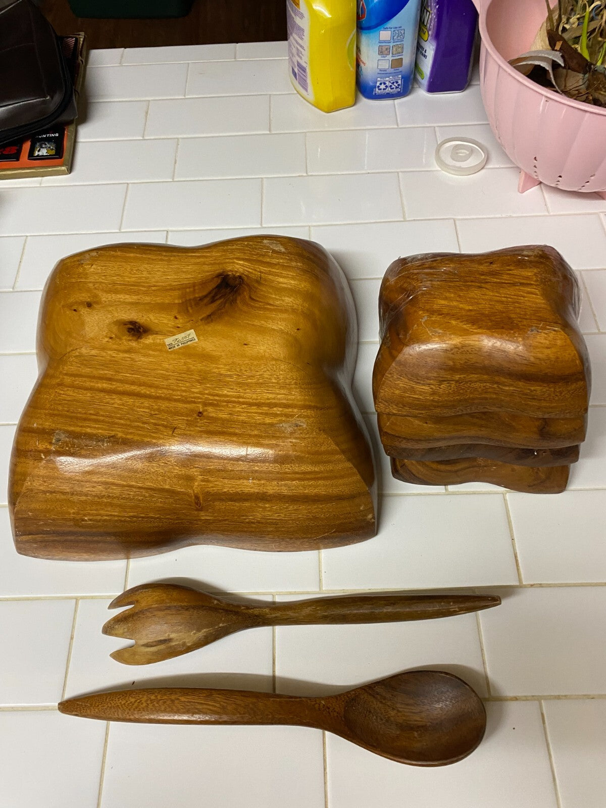 7 PCs Mid Century Wooden Salad Bowl Set & Ustensiles