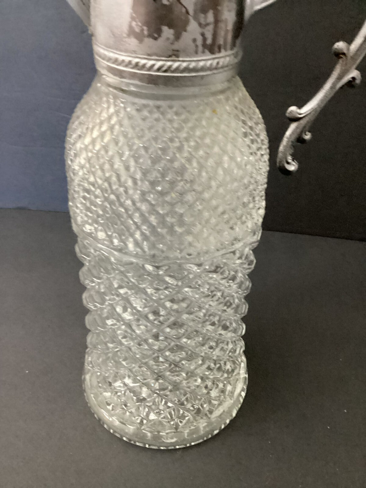 Pressed Glass Crystal Pitcher Decanter Silver Plate Top