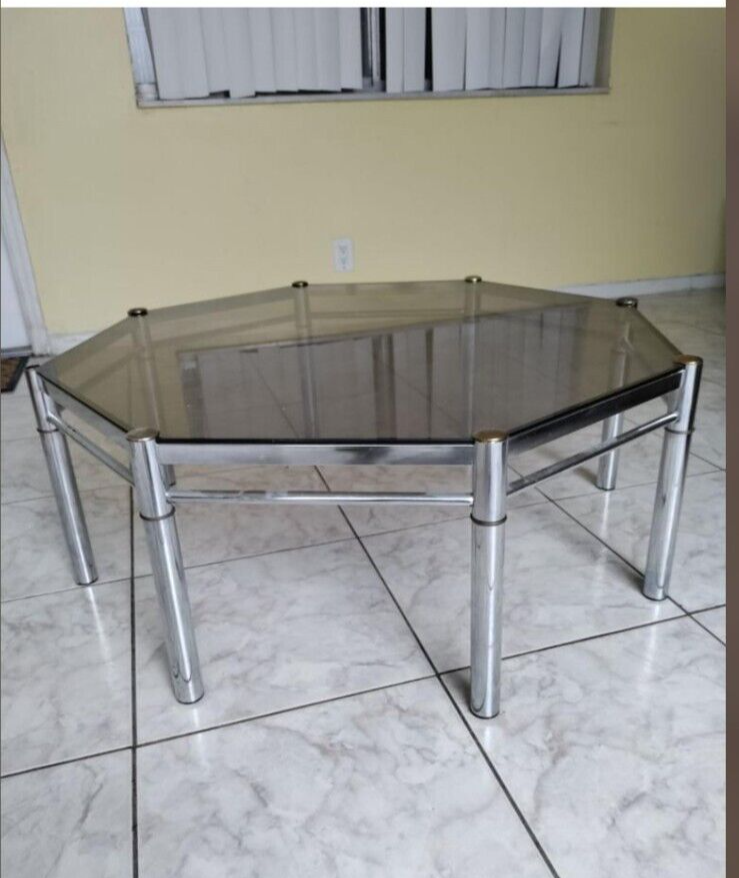 Vintage Hollywood Regency Smoked Glass And Chrome Octagonal Cocktail Table