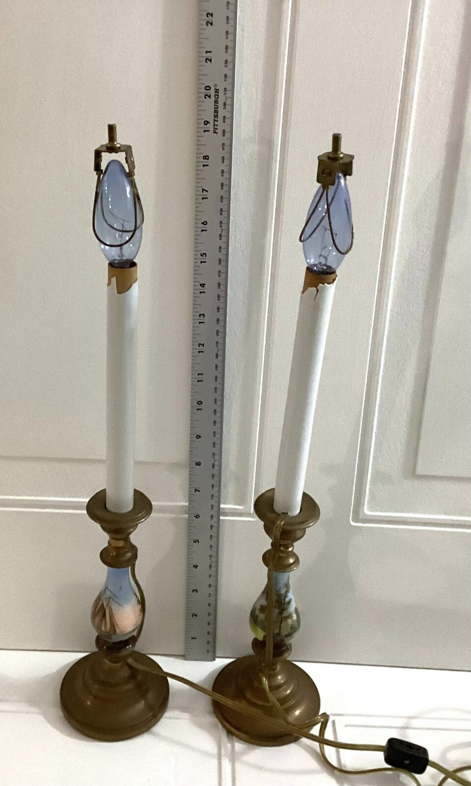 Vintage Set Of 2 Hand Painted, Brass Leg Elect Table Lamps