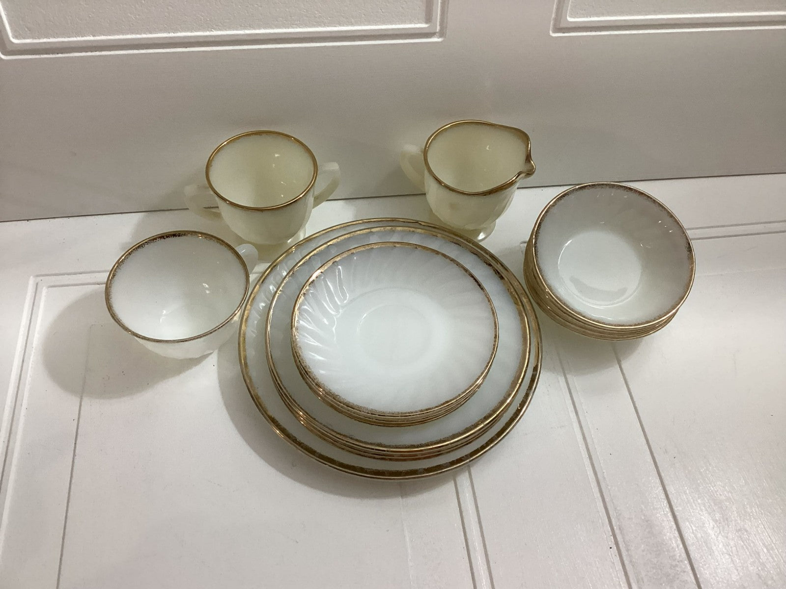 14 Pcs Vintage Fire King White swirl Milk Glass Oven Ware With Gold Rim