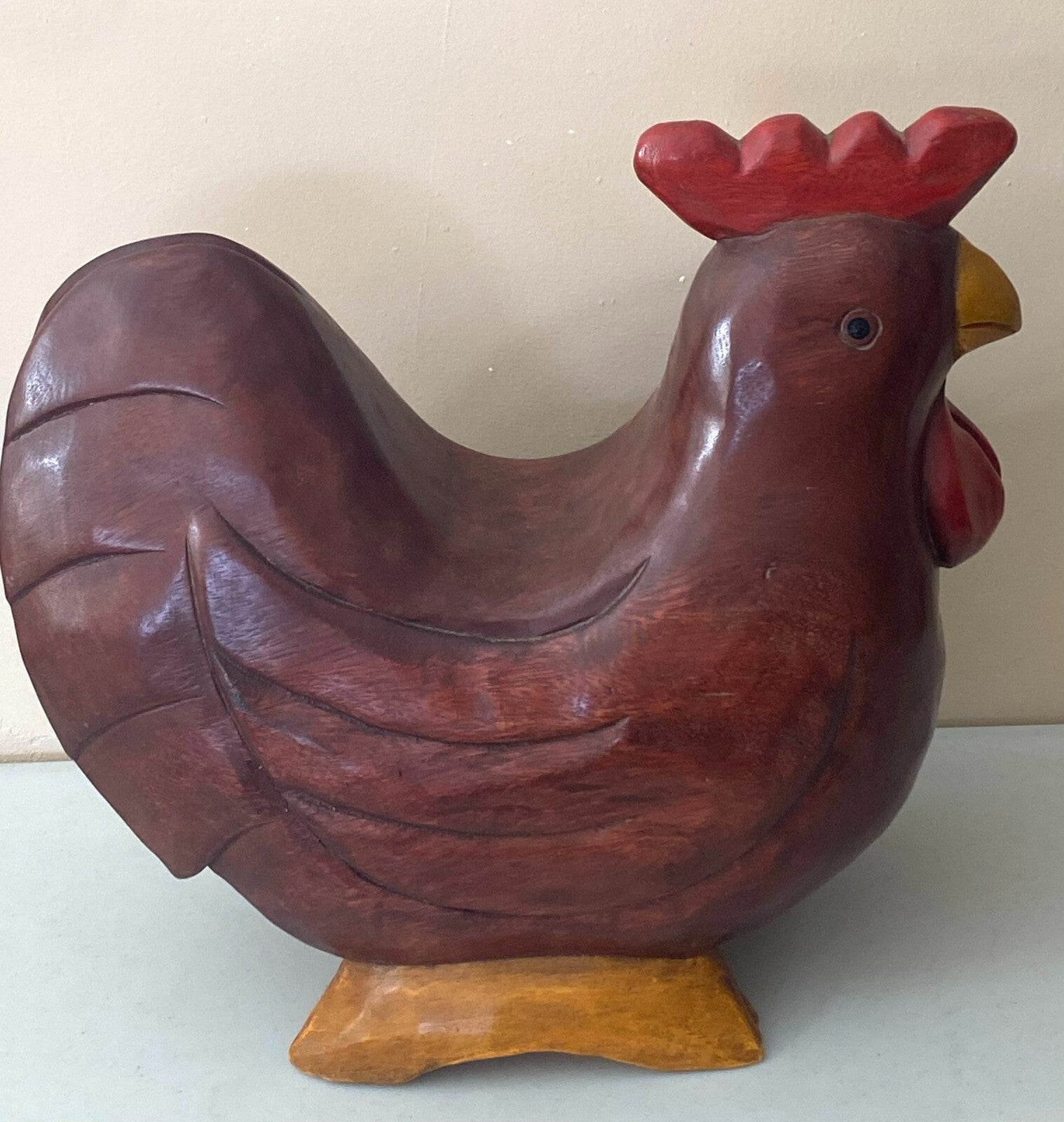 Hand Carved Brown Thick Wooden Decorative Chicken Figurine